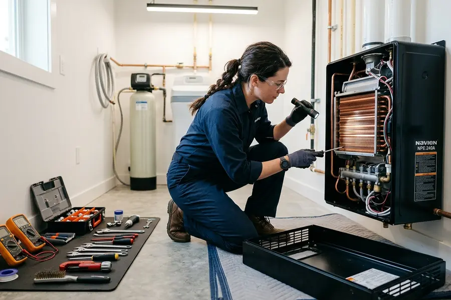 Water Heater Jockey plumber servicing a tankless water heater in Greenfield Center